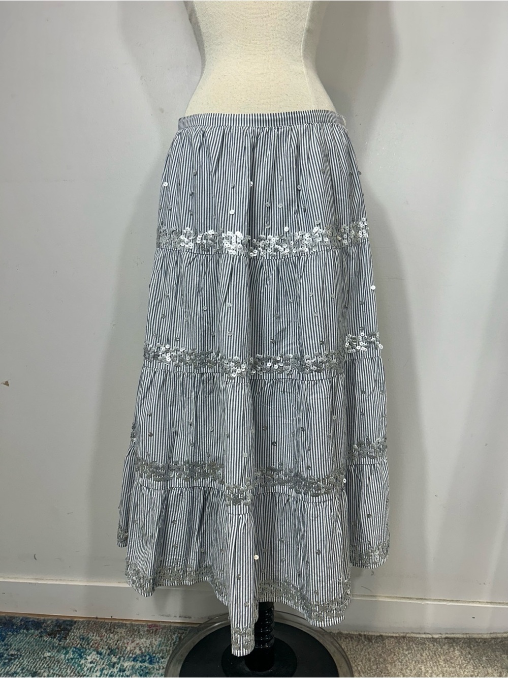 Rose and Rose Striped Sequin Tiered Maxi Skirt Blue White Cotton Boho Size XS - Picture 8 of 9